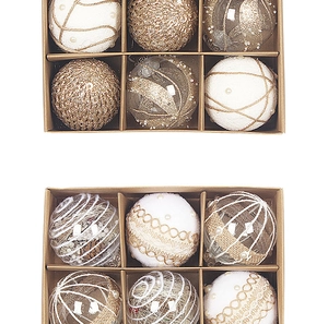 Detail of 12 handmade Christmas balls with twine and sequins in a kraft gift box