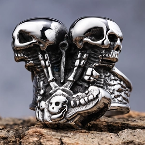Gothic Punk Men Stainless Steel Double Skull Head Ring Rock Hip Hop Retro Biker Jewelry Silver Color Finger Ring Gift