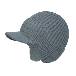 Detailed view of gray knit winter hat featuring ear flaps and thick fleece lining