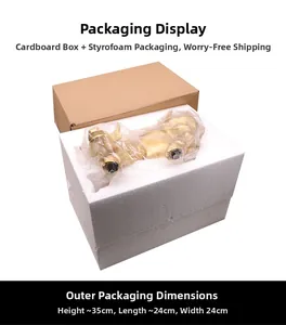 Golden bull statue in secure foam packaging and brown box, dimensions 35x24x24cm