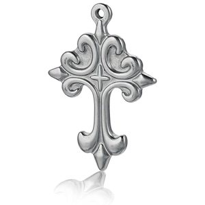 Vintage silver cross pendant with baroque relief textures and elegant scroll patterns