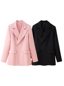 Front view of tailored double-breasted blazers in pink and black with peak lapels