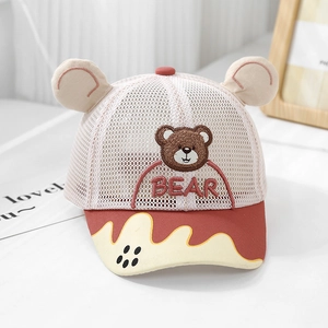 Detail of toddler mesh baseball cap with cute bear embroidery and 3D ear accents