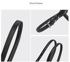 Detailed view of women's black slim leather belt with silver buckle and reinforced stitching