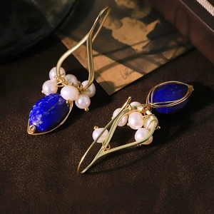 Elegant lapis lazuli and natural freshwater pearl drop earrings with vintage gold hooks