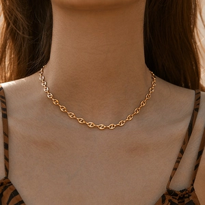 18K gold-plated pig nose link necklace worn by a model in warm natural light setting