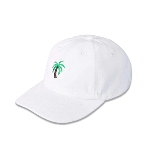 Detailed close-up of palm tree embroidery on a white cotton baseball cap with curved brim
