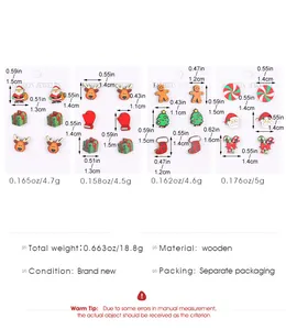 Größentabelle mit 12 Paar Weihnachts-Ohrringen aus Holz und Maßangaben in cm/Zoll