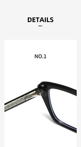 Close-up of durable silver metal hinge and polished black acetate frame on eyeglasses