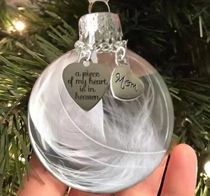 Memorial Christmas ornament with white feathers and engraved heart pendant for Mom