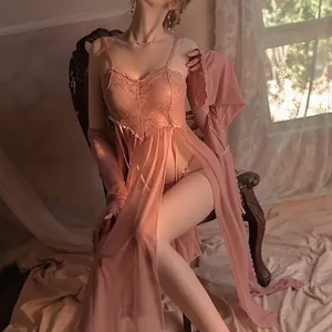 Peach lace and sheer mesh pajama set featuring a slit nightdress and matching robe