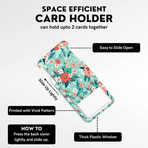 Detail of slide-to-open floral card holder showing double card capacity and clear window