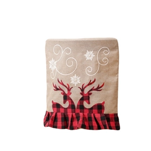 Christmas chair back cover with embroidered reindeer on rustic burlap and plaid ruffles