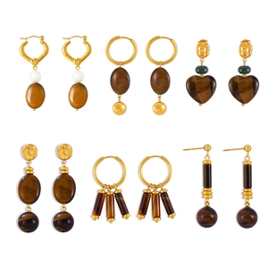 6-pair tiger eye and 18k gold plated stainless steel earring set in various shapes