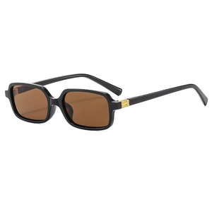 Retro square frame sunglasses in glossy black with gold metal logo temple accents