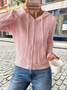 Pink cable knit zip-up hoodie featuring classic textured patterns for women in street style