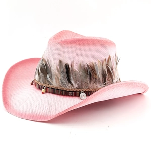 Pink western cowboy sun hat with decorative feathers, colorful beads and silver coin