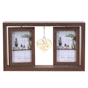 Brown 6-inch rotating double-sided wooden photo frame with heart-shaped dog memorial pendant