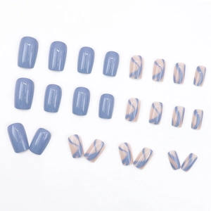 24pcs light blue and nude pink press-on nails with wave patterns in square shape