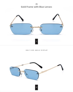 Close-up detail of rimless rectangle sunglasses with gold metal temples and blue lenses
