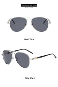 Classic silver aviator sunglasses with dark grey polarized lenses and gold hinge details