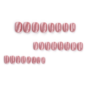 Pink cat eye press-on nails set with shimmer finish in short round shape on white background