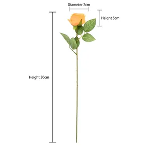 Single orange artificial rose with green stem, 50cm long for home and wedding decor