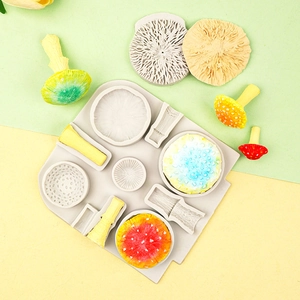3D mushroom silicone mold for chocolate and fondant cake decoration with colorful samples