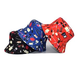 Reversible Bucket Hat Cotton Polyester Cosmetics Print Sun Protection Wide Brim Fisherman Cap For Women Fashionable