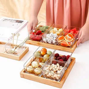 Nordic Square Glass Fruit Snack Divided Platter With Wood Tray Gold Rim Appetizer Serving Bowls Modern Home