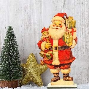 Vintage wooden Santa Claus tabletop decoration with gift and doll for festive party decor