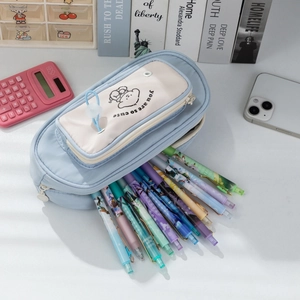 Cute multi-layer light blue bear pencil case for students with large capacity storage