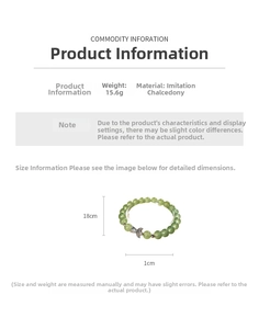 Detail view of jade-like beaded bracelet with fish pendant showing size and weight specs