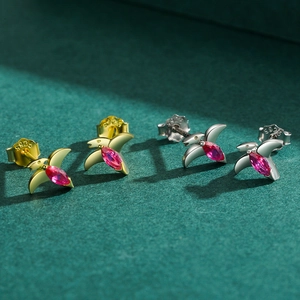 Boucles d'oreilles oiseaux en argent 925 avec zircon rose marquise en doré et argenté