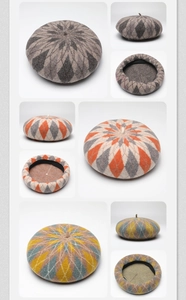 Detailed views of checkered wool berets showing texture, lining, and color patterns