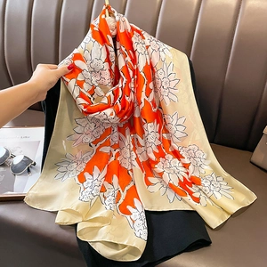 Large Long Floral Print Scarf Shawl Imitation Satin Soft Sunscreen Beach Wrap Lightweight Fashion For Women