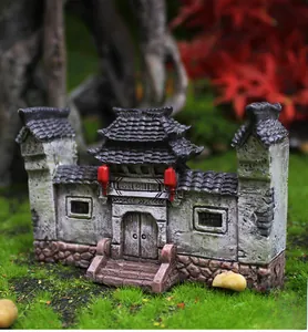 Miniature Chinese ancient gate building with red lanterns for bonsai garden decoration