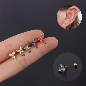 Butterfly Ear Bone Piercing Studs Colorful Marquise Zircon Stainless Steel Rod Gold Plated Copper Jewelry For Women