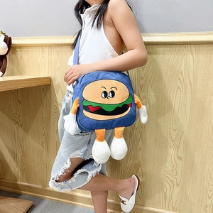Funny hamburger canvas shoulder bag for kids with 3D plush arms and legs in blue