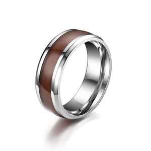 Polished stainless steel men's ring with a sleek red-brown wood inlay centerpiece