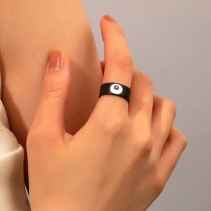 Retro metal billiard No. 8 ring with black matte finish and white circular inlay for couples