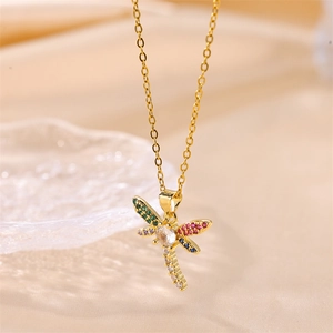 Elegant Dragonfly Pendant Necklace Copper Gold Plated With Colorful Zirconia Inlaid Novelty Jewelry For Women