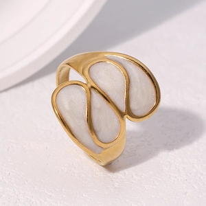 Minimalist 18k gold plated stainless steel open ring with white enamel drip design