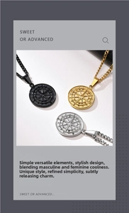 Detailed close-up of compass pendant necklaces in black, gold, and silver finishes