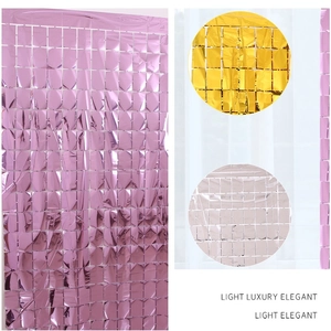 Detail view of pink, gold, and silver square foil fringe curtains for party backgrounds