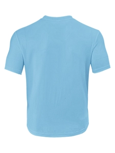 Back view of light blue waffle knit t-shirt showing detailed breathable fabric texture