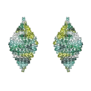 Luxurious green and yellow gradient rhinestone rhombus earrings with sparkling crystals