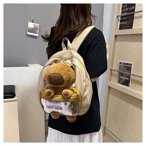 Detail of cute Capybara plush backpack with transparent pocket and large capacity design
