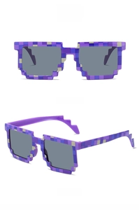 Front and side views of purple checkered pixel mosaic sunglasses for parties