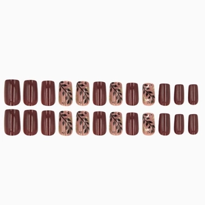 24pcs set of burgundy and nude press-on nails with golden leaf patterns and glitter